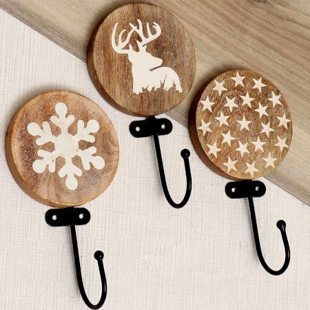 Brown Wooden Christmas Theme Wall Hooks For Kids - Pack of 3